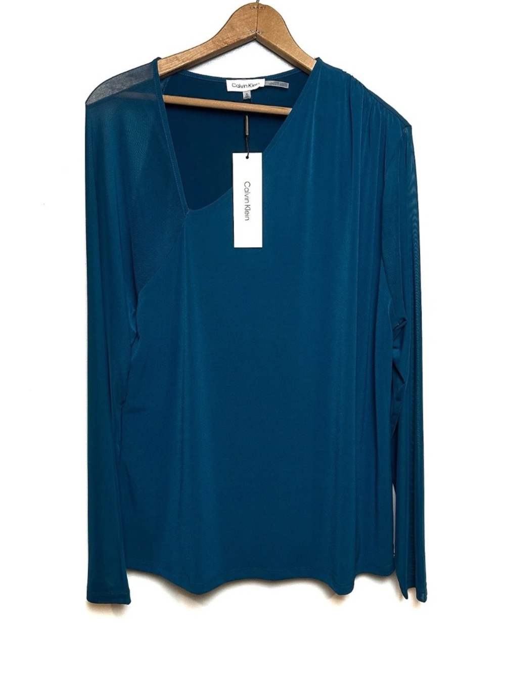 Calvin Klein Asymmetrical Neckline Top Sheer Mesh Sleeves Teal Blue NWT